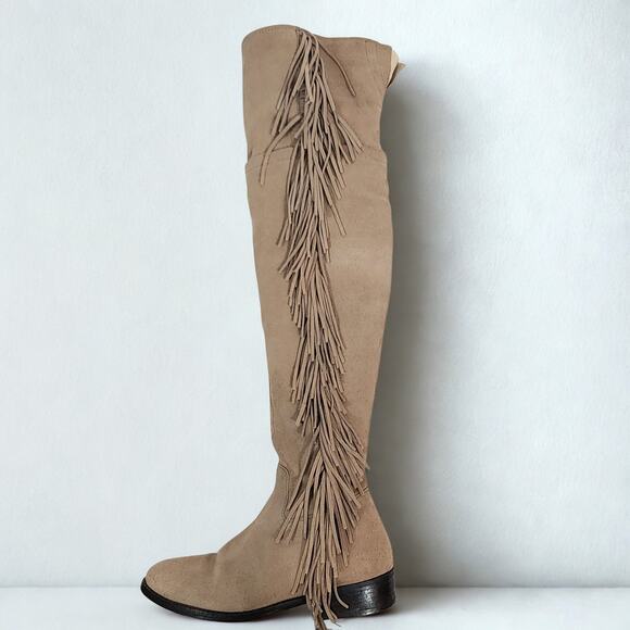 Steve Madden Women's Over The Knee Tall Tan Suede Fringe Flat Heel Boots 6.5 - Picture 1 of 7